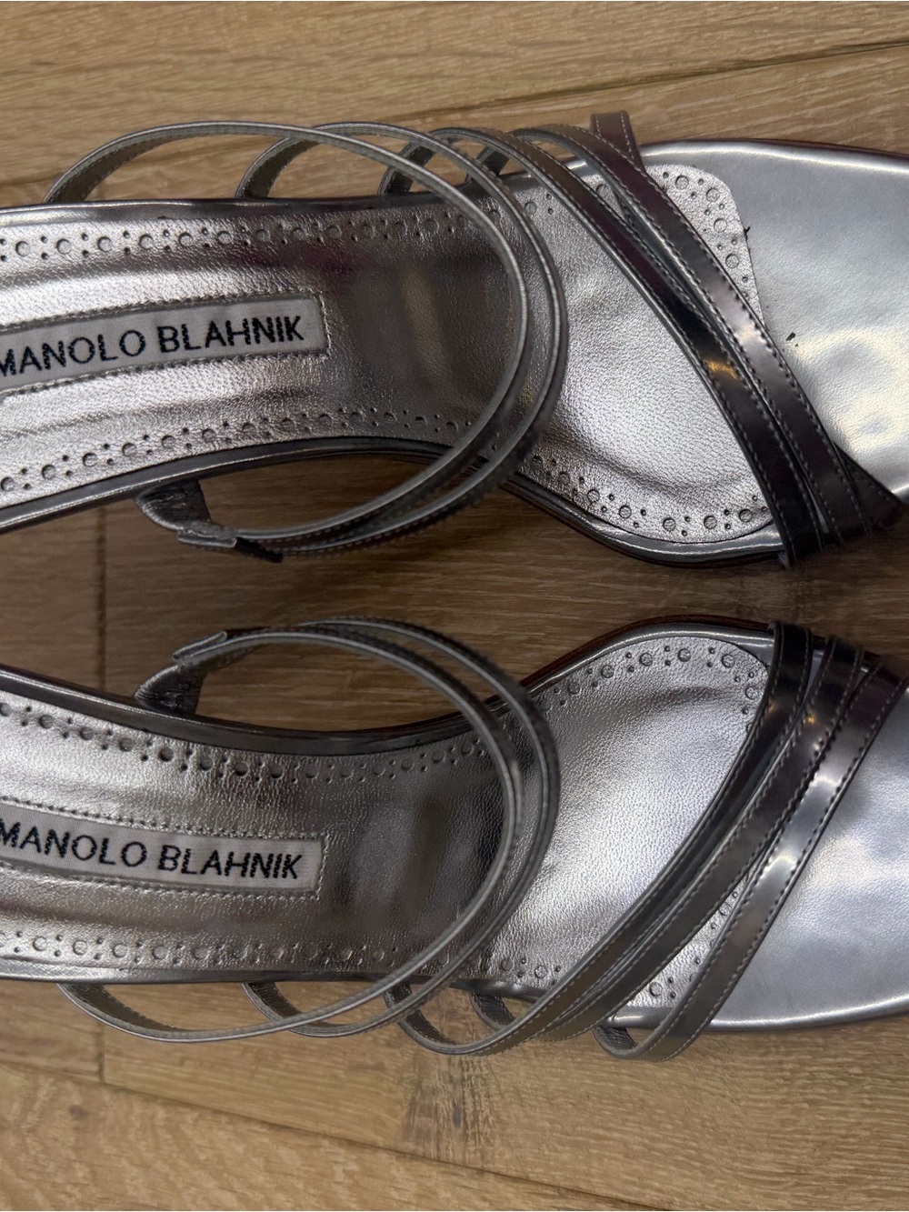 Manolo Blahnik Metallic Silver Multi-Strap Heels